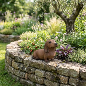 Könnte beinhalten: Eine braune Dackel-Figur mit langen Ohren und glattem Fell, die in einer ruhenden Pose auf einer Gartenmauer aus gestapelten Steinen sitzt. Der Hund hat dunkle Augen und eine schwarze Nase, der Kopf ist leicht nach rechts gedreht.