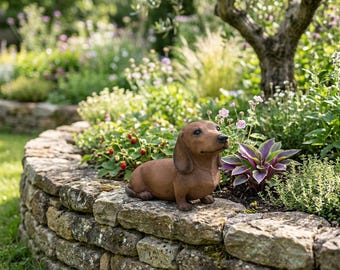 May include: A brown dachshund figurine with long ears and a smooth coat, positioned in a resting pose on a stacked stone garden wall. The dog has dark eyes and a black nose, with its head turned slightly to the right, facing forward.