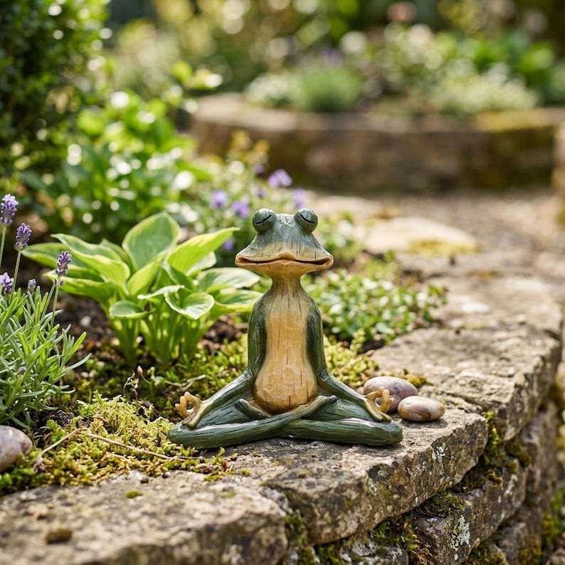 K&ouml;nnte beinhalten: Eine gr&uuml;n-beige Froschfigur in sitzender Meditationshaltung mit geschlossenen Augen und auf den Knien ruhenden H&auml;nden. Der Frosch hat ein glattes, geschnitztes Aussehen mit hellem Bauch und dunkelgr&uuml;nen Gliedma&szlig;en in Schneidersitz.