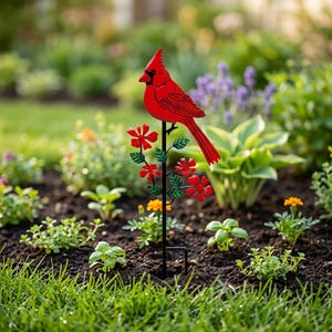 Kardinalvogel Gartenstecker Metall Yard Art, Roter Vogel Blumenstecker, Rasendekor im Freien, Gartenverzierung, Gedenkgeschenk
