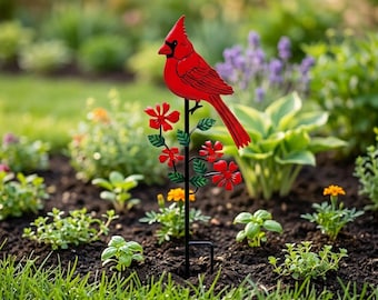 Cardinal Bird Garden Stake Metal Yard Art, Red Bird Flower Stake, Outdoor Lawn Decor, Garden Ornament, Memorial Gift