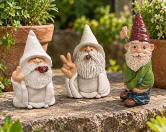 May include: Three garden gnome figurines. Two gnomes wear white robes and pointed hats, one giving a middle finger and the other a peace sign, both smoking cigars. The third gnome wears a red hat, green jacket, and blue trousers, waving a hand.