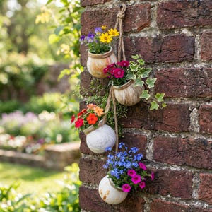 May include: A vertical hanging planter set featuring four round, marble-patterned ceramic pots suspended by thick jute rope. Each pot contains a different arrangement of colorful flowers, including yellow daisies, pink dianthus, orange blossoms, and blue forget-me-nots, with green ivy foliage.