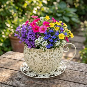 Coffee Cup Planter Stand, Metal Flower Pot Holder, Vintage Garden Planter, Decorative Plant Stand, Patio Balcony Decor