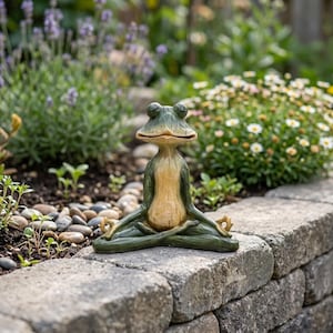 Peut inclure: Une figurine de grenouille verte et beige en position de méditation assise, les yeux fermés et les mains posées sur les genoux en position mudra. La grenouille présente une surface lisse et texturée avec un extérieur vert foncé et un ventre beige.