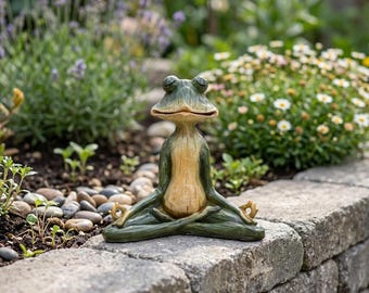 May include: A green and tan frog figurine in a seated meditation pose with eyes closed and hands resting on knees in a mudra position. The frog has a smooth, textured surface with a dark green exterior and a lighter tan belly and chest area.