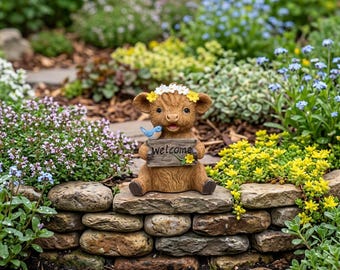 Highland Cow Welcome Statue, Cute Cow Garden Decor, Resin Farmhouse Animal Figurine, Outdoor Yard Ornament Gift