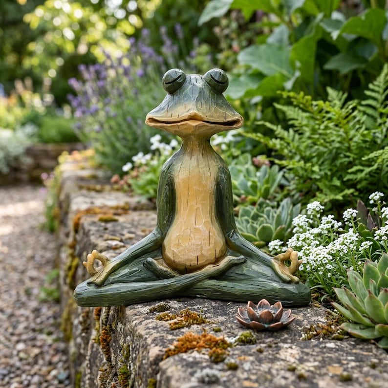 K&ouml;nnte beinhalten: Eine gr&uuml;n-beige Froschfigur in sitzender Meditationshaltung mit geschlossenen Augen und H&auml;nden in Mudra-Position. Der Frosch hat ein glattes, geschnitztes Aussehen mit hellem Bauch und dunkelgr&uuml;nen Gliedma&szlig;en, platziert neben einer kleinen Lotusbl&uuml;te.