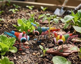 May include: Three metal grasshopper garden ornaments in pink, blue, and yellow with large white and black eyes and coiled antennae. Each insect figure features thin wire legs and colourful painted bodies, positioned among green garden plants.