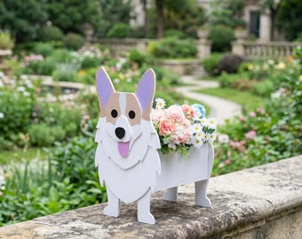 May include: A white, tan and lavender wooden planter shaped like a Corgi dog. The front panel features the dog's face with a pink tongue, while the attached rectangular container holds a bouquet of artificial pink, white and blue flowers.