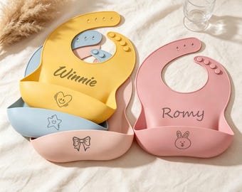 Custom Name Silicone Baby Bib, Laser Engraved Waterproof Drool Bib, Personalized Baby‑Led Weaning Accessory,Christmas gifts