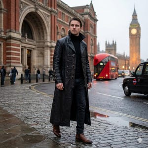 May include: A long black leather coat featuring a double-breasted front with multiple silver-toned buckle closures, a high collar, and long sleeves with buckled cuffs, worn over a black turtleneck sweater and dark denim jeans with brown leather boots.