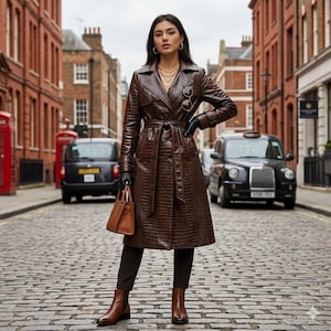 Women's Leather Trench Coat, Brown Croc Embossed, Long Genuine Leather Jacket, Vintage Overcoat
