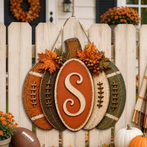 May include: A pumpkin-shaped wall hanging featuring a football-inspired design with textured orange, dark brown, and green panels. The center oval displays a large cream-colored letter S, accented with artificial maple leaves and small berries.