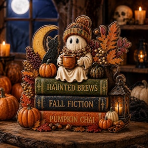May include: A decorative figurine featuring a ghost wearing a knit hat and scarf, holding a mug, sitting on a stack of three books titled Haunted Brews, Fall Fiction, and Pumpkin Chai, surrounded by pumpkins, autumn leaves, and a lantern.
