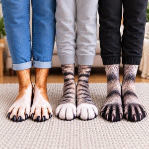 Puede incluir: Tres pares de calcetines con estampados realistas de patas de animales. El primer par muestra patas de perro marrones y blancas, el segundo par muestra patas de gato a rayas grises y negras, y el tercero patas de animal texturizadas gris oscuro.