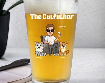 Personalized The Catfather Beer Glass, Father's Day Gift, Custom Cat Dad Pint Beer Glass , Funny Cat Lover Gift For Him, Dad Birthday Gift