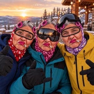 Könnte beinhalten: Drei Sturmhauben mit einem realistischen Druck einer älteren Person mit grauen Haaren in rosa Lockenwicklern, leuchtend rosa Lippenstift und einer Zigarette im Mund. Jede Sturmhaube wird unter einer Skibrille und zu Winterjacken getragen.