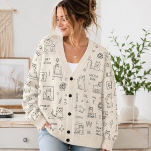 Cat Cardigan Art Studio Doodle Sketchbook Sweater Museum Cat Aesthetic Knit Cardigan for Cat Lovers