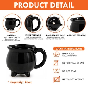 May include: A black ceramic mug shaped like a cauldron with a rounded belly, a thick handle, and a four-legged base. The mug has a 13oz capacity. Text includes PRODUCT DETAIL, MAGICAL CAULDRON SHAPE, STURDY HANDLE, FOUR-LEGGED BASE, MADE OF CERAMIC, and CARE INSTRUCTIONS.
