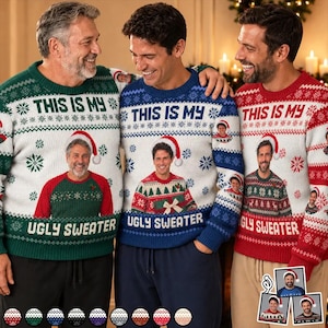 Puede incluir: Tres suéteres de punto con el texto THIS IS MY UGLY SWEATER. Los suéteres son verdes, azules y rojos con secciones blancas, patrones de copos de nieve y un gráfico central de una persona con un suéter y un gorro de Papá Noel.
