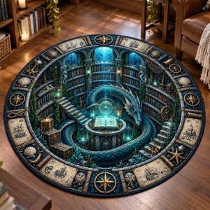 Op de afbeelding: Een rond vloerkleed met een 3D-illustratie van een blauwe draak die zich in een cirkelvormige bibliotheek bevindt. Het ontwerp bevat boekenplanken, stenen trappen, een verlicht open boek, schatkisten en een nautische rand.