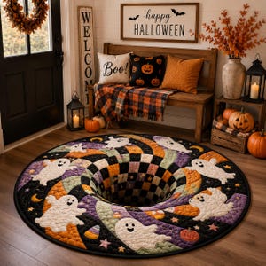 May include: A round quilted rug featuring a 3D-style black and white checkered vortex pattern surrounded by white cartoon ghosts, orange pumpkins, yellow stars, and crescent moons on a swirling background of purple, orange, and green colors.
