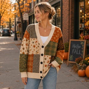 May include: A button-down cardigan featuring a patchwork design with various autumn-themed patterns including maple leaves, plaid, and houndstooth in shades of orange, brown, green, and cream, finished with a cream-coloured ribbed V-neck trim.