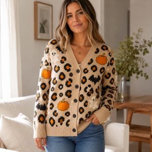 Könnte beinhalten: Eine beige Strickjacke mit V-Ausschnitt und Knopfleiste, die ein wiederkehrendes, verpixeltes Leopardenmuster in Schwarz und Orange aufweist, durchsetzt mit kleinen verpixelten Grafiken von orangefarbenen Kürbissen, weißen Geistern und schwarzen Fledermäusen.