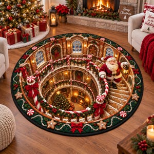Könnte beinhalten: Ein runder Teppich mit einer 3D-Illustration eines Lebkuchenhaus-Interieurs mit Wendeltreppe, Weihnachtsbaum und einem Weihnachtsmann, der eine Laterne hält. Der Rand ist mit rot-weißen Zuckerstangen und sternförmigen Keksen verziert.