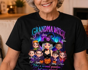 May include: A black t-shirt featuring a graphic print of a witch character surrounded by seven children, pumpkins, and purple flowers. The text reads "GRANDMA WITCH" and "Like a normal grandma but more magical" with names Rosie, Laura, Robin, Jack, Sophia, Henry, and Anna.