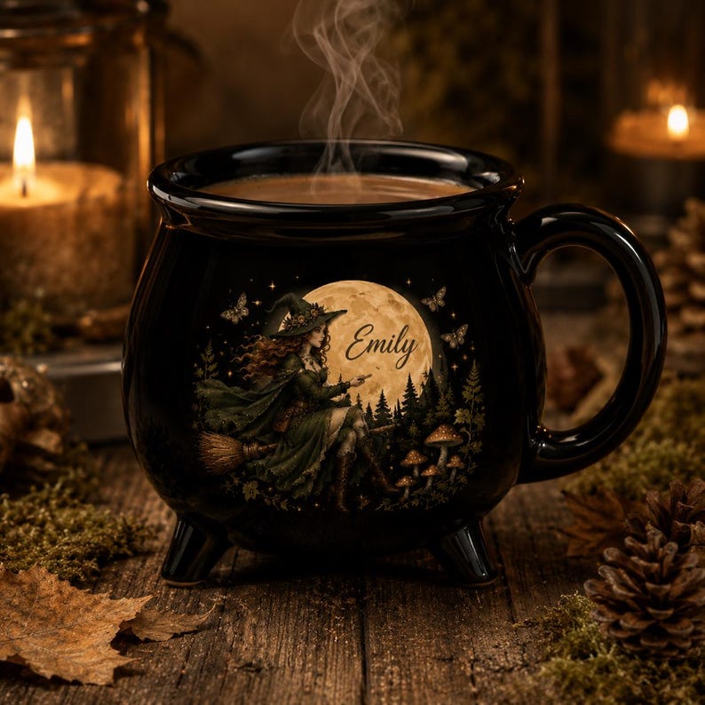 May include: A black cauldron-shaped mug with three small feet and a handle, featuring a graphic of a witch on a broomstick in front of a full moon, forest, and mushrooms. The name Emily is printed in script on the moon surface.