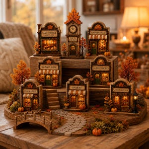 Könnte beinhalten: Ein herbstliches Miniaturdorf mit sieben beleuchteten Gebäuden namens Cozy Corner, Pumpkin Patch, Harvest Home, Gather Together, Leaf & Latte, Bakery und Candlelight Inn, inklusive Uhrturm, Steinweg und einer kleinen Brücke.