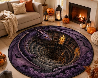 May include: A round area rug featuring a 3D optical illusion of a purple dragon perched on the edge of a deep, spiraling stone library staircase. The design includes dark purple clouds, silhouettes of flying bats, and a glowing arched window.