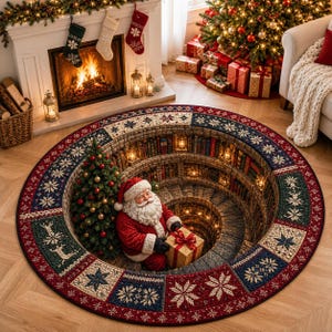 Santa Library Well 3D Effect Quilted Round Rug, Christmas Pattern Area Rug, Nordic Snowflake Winter Floor Mat Home Decor