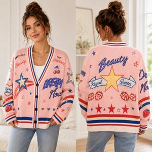 Cárdigan personalizado con estrellas americanas, suéter universitario retro, chaqueta de punto rosa vintage con estrellas y fresas, regalo personalizado