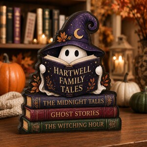 Personalized Witch Ghost Reader Wooden Block, Custom Family Name Book Stack, Halloween Shelf Sitter, Fall Harvest Decor Gift