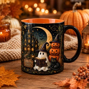 May include: A black ceramic mug with an orange interior featuring a Halloween illustration of a ghost reading a book, a stack of three jack-o'-lanterns, a black cat, and a haunted house with a sign that reads Sophia's House under a crescent moon.