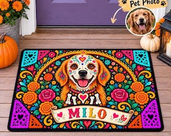 Personalized Pet Memorial Doormat, Custom Dog Portrait Welcome Mat, Sugar Skull Floral Design