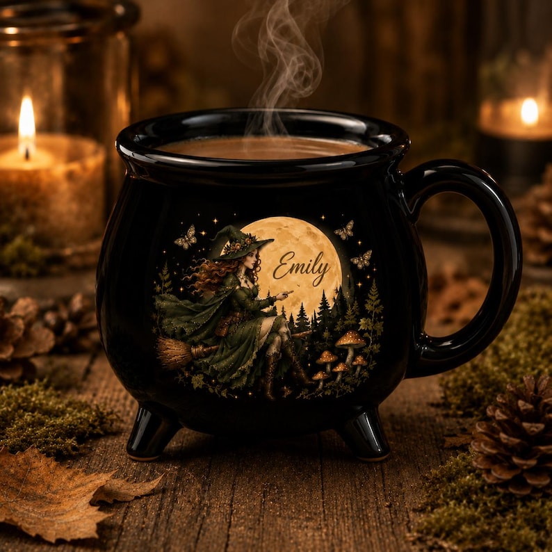 May include: A black ceramic cauldron-shaped mug with a handle and three feet. The front features a graphic of a person in a green cloak and hat riding a broomstick in front of a large yellow moon, with the name Emily printed in script.