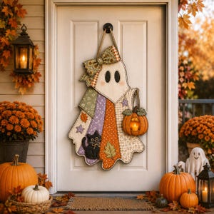 May include: A fabric ghost door hanging decoration featuring a large plaid bow, a black cat applique, and a small pumpkin lantern. The ghost is constructed from various patterned fabric panels in shades of orange, purple, and cream, suspended by a rope.