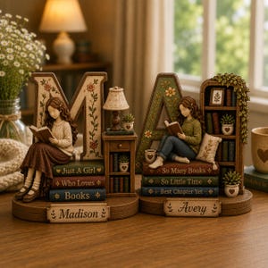 Personalized Book Lover Bookend Wooden Letter Sign, Custom Name Reading Girl Bookshelf Decor, Initial Nightstand Ornament for Bookworm Gift