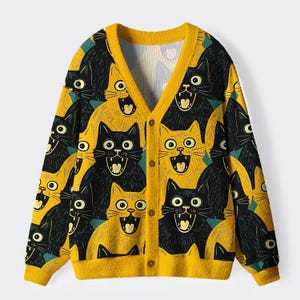 May include: A long-sleeve V-neck cardigan sweater featuring a repeating pattern of wide-eyed, open-mouthed black and yellow cats. The garment has a solid yellow ribbed trim along the neckline, cuffs, and hem, with four brown buttons down the front.