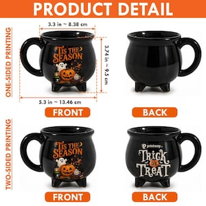 May include: A black ceramic cauldron-shaped mug with three feet and a handle. The front features a Halloween graphic with a pumpkin, ghost, and the text 'Tis the Season'. Dimensions are 3.3 inches wide by 3.74 inches high and 5.3 inches total width.