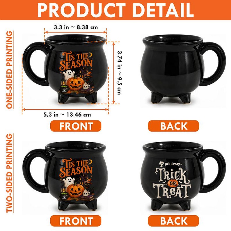 May include: A black ceramic cauldron-shaped mug with three feet and a handle. The front features a Halloween graphic with a pumpkin, ghost, and the text 'Tis the Season'. Dimensions are 3.3 inches wide by 3.74 inches high and 5.3 inches total width.