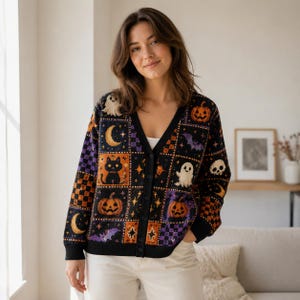 Svart katt Halloweenkofta, spökpumpa-fladdermus- och halvmånemönster, läskig säsongströja för söta oktober- och höstoutfits
