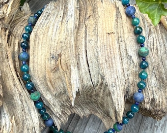 Magische ketting van chrisocolla, blauwe apatiet en lapis lazuli