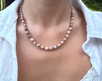 Pink Rhodochrosite, Peach and Grey Moonstone Necklace