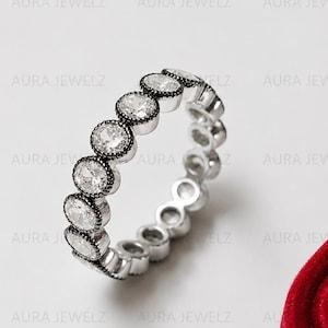 3CTW Oval Moissanite Georgian Eternity Band, Antique Milgrain Wedding Ring, Vintage Stacking Band