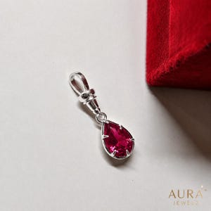 3 CT Pear Lab Pink Ruby Pendant, Sterling Silver, Victorian Collet Button Back Silver White Plating